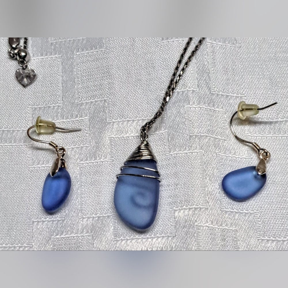 Elegant Sea Glass Blue Pendant Necklace and Earring Set, 925, Handmade